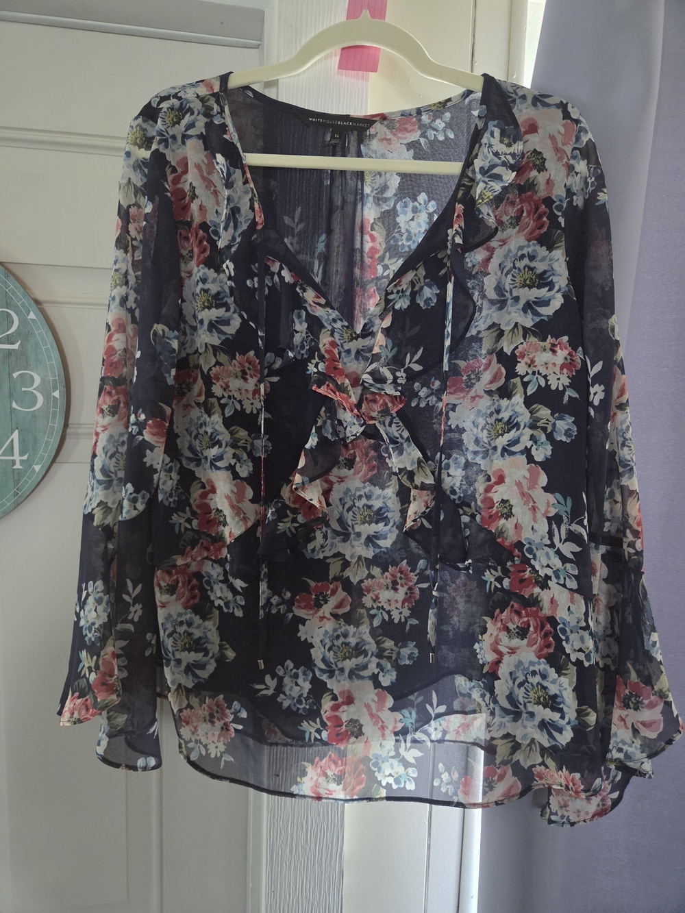 White House Black Market Navy Floral Ruffle V-Neck Blouse - Picture 5 of 5